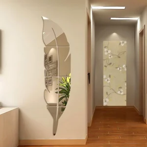 Autocollant mural miroir 3D plume – Déco murale design moderne