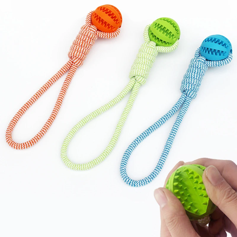 Boule de nettoyage des dents d'animaux de compagnie, jouet avec corde, balles de fuite en caoutchouc, jouet pour petits et grands chiens, jouets résistants aux morsures à mâcher pour chiots – Image 3