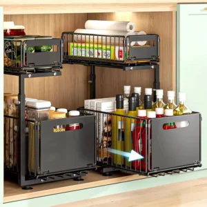 Organisateur d'armoire extractible à 2 niveaux, support de rangement de cuisine réglable sous l'évier, support de rangement pour pots à épices, tiroir coulissant