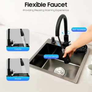 Évier Inox 60cm avec Robinet Extractible & Rinçage