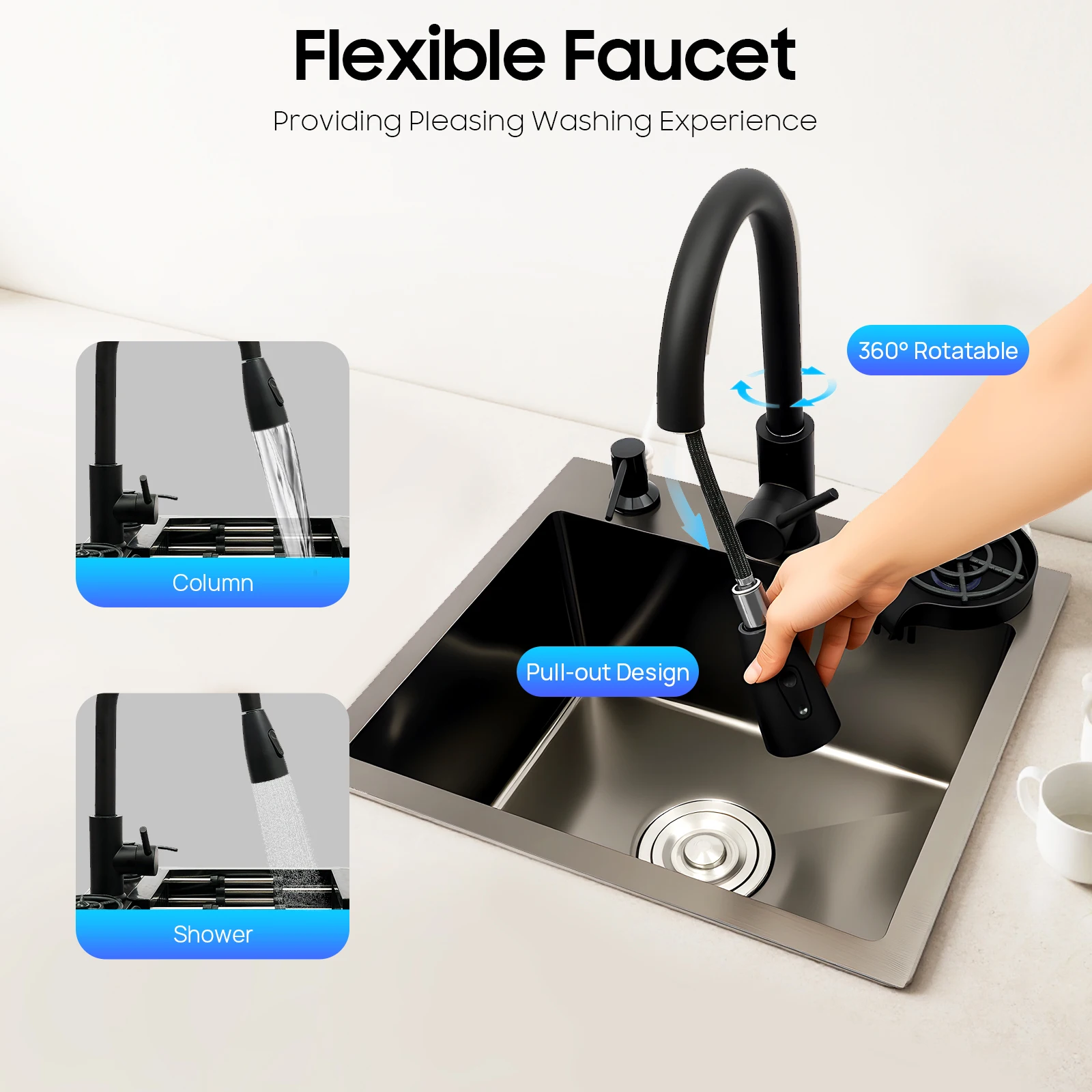 Évier Inox 60cm avec Robinet Extractible & Rinçage