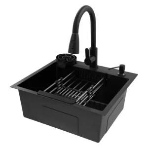 Evier inox noir 3 bacs – robinet rétractable cuisine