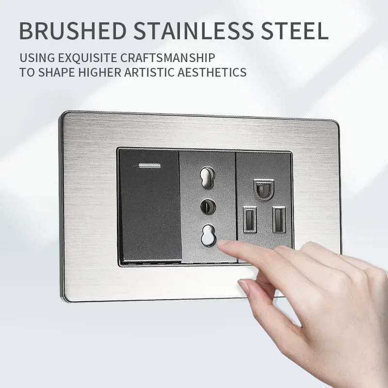 Prise Murale Italienne USB-C & Schuko - Acier Brossé