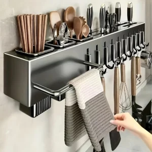 Organisateur de cuisine mural en acier au carbone robuste, porte-couteaux sans perçage pour couteaux, ustensiles, planches à découper, gain de place